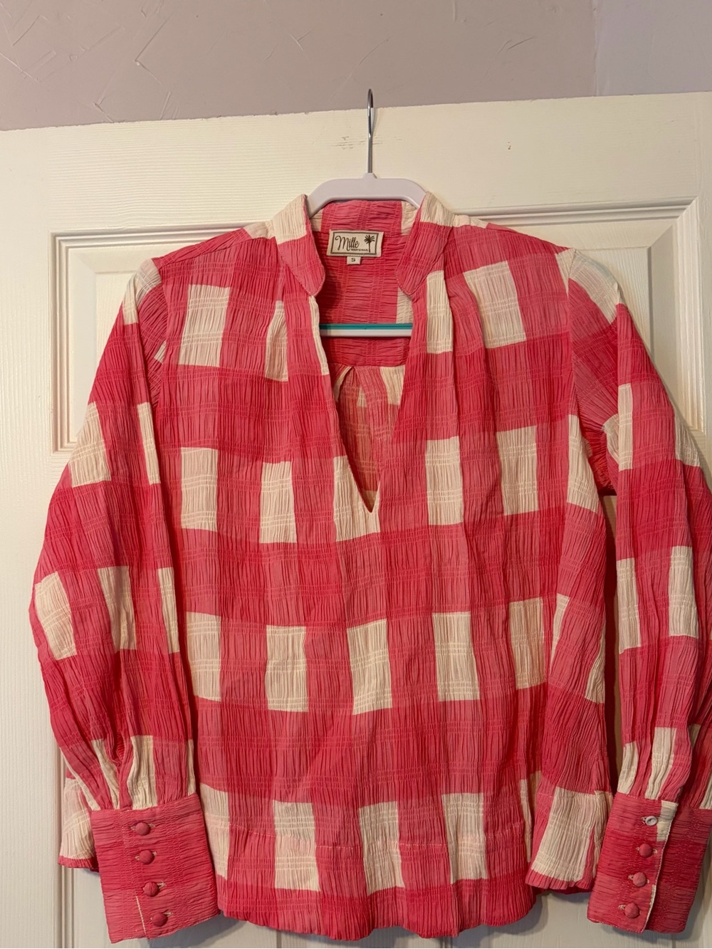 Mille Pink and white gingham plaid blouse